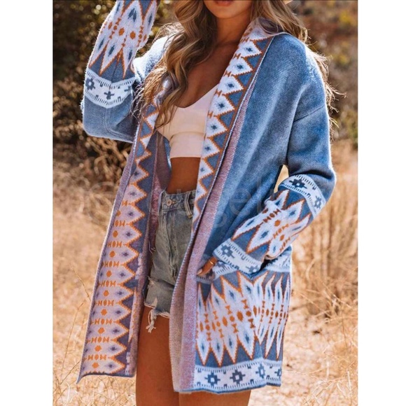 Blue Cardigan Aztec Western Bohemian Print Knit Long Sleeve - Picture 5 of 16